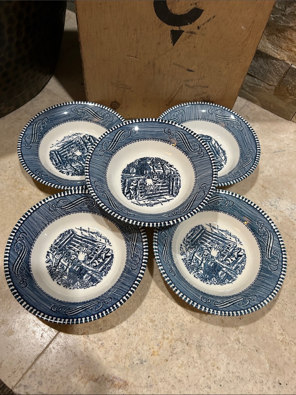 5 vintage Royal China Currier & Ives "Old Farm Gate" dessert berry bowls